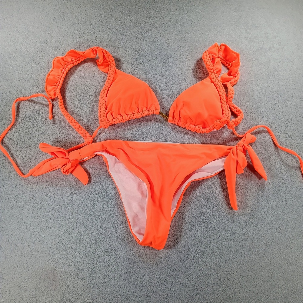 Unbranded Women Bikini Set Neon Orange Large Braided Ruffle Straps
